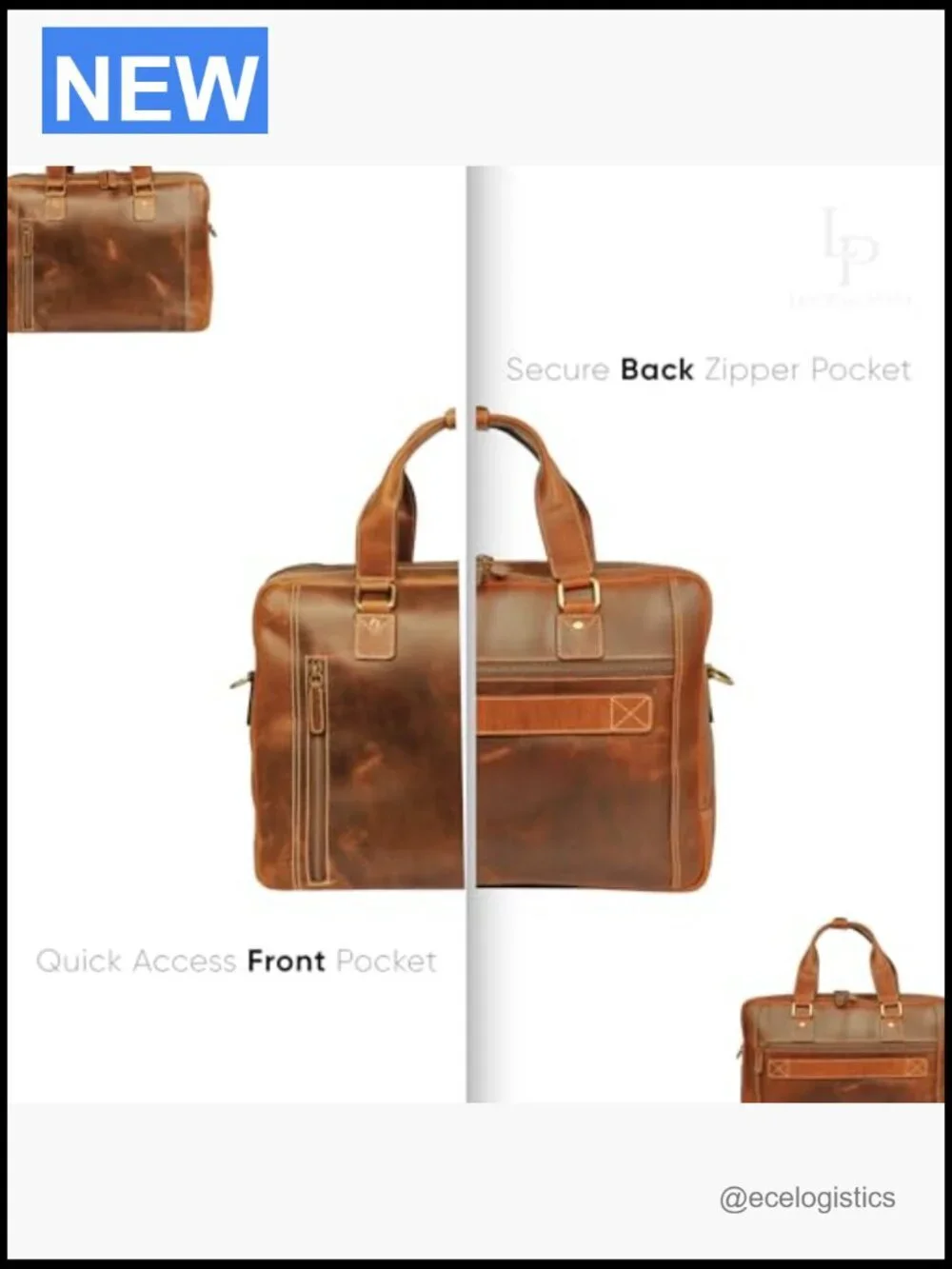 Full Grain Leather Messenger Bag - Twin Compartment Laptop Briefcase Satchel